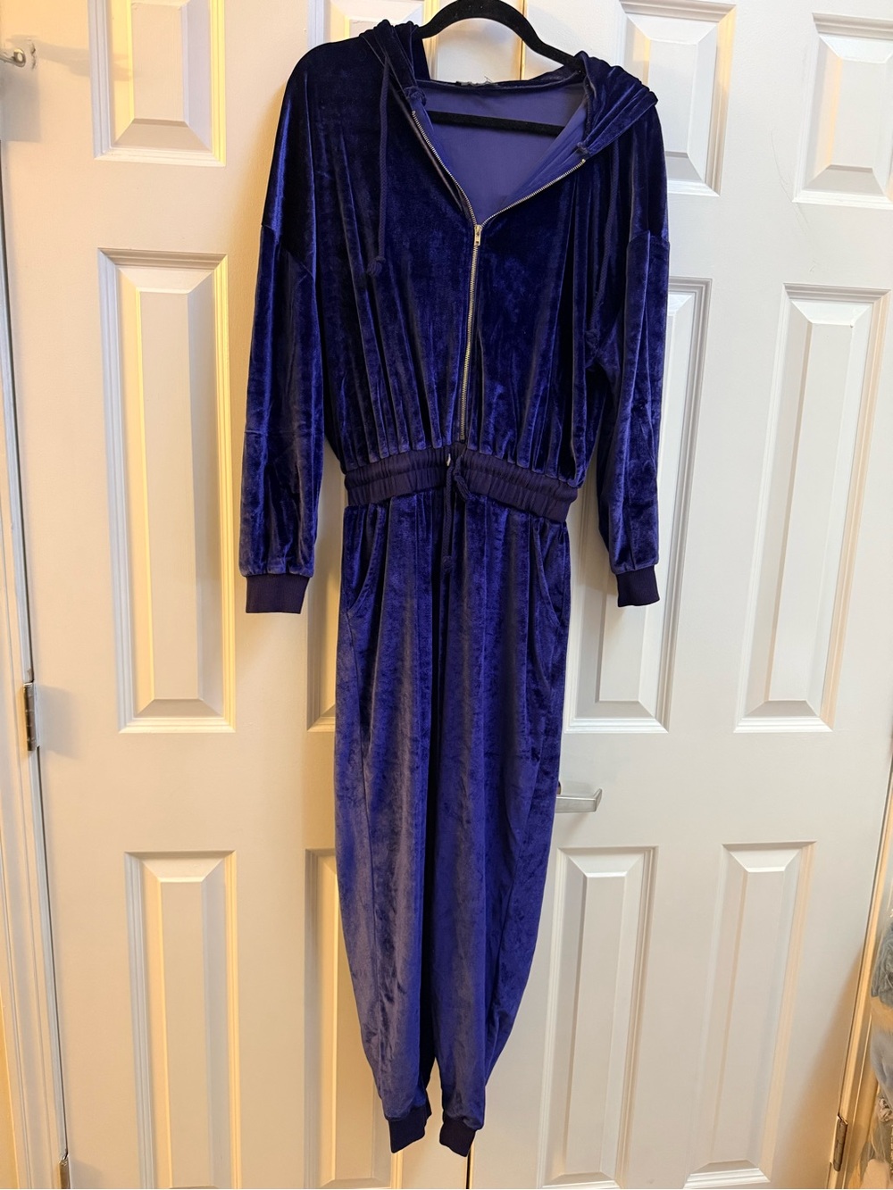 Velvet Hooded Jumpsuit in Deep Royal Blue
